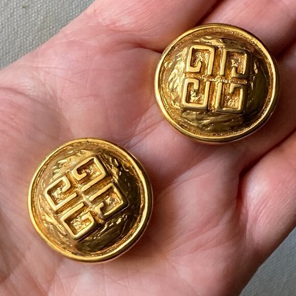 Vintage Givenchy France Brutalist Earrings, Designer, 1980's, 4G Logo, Clip-on - Picture 3 of 8